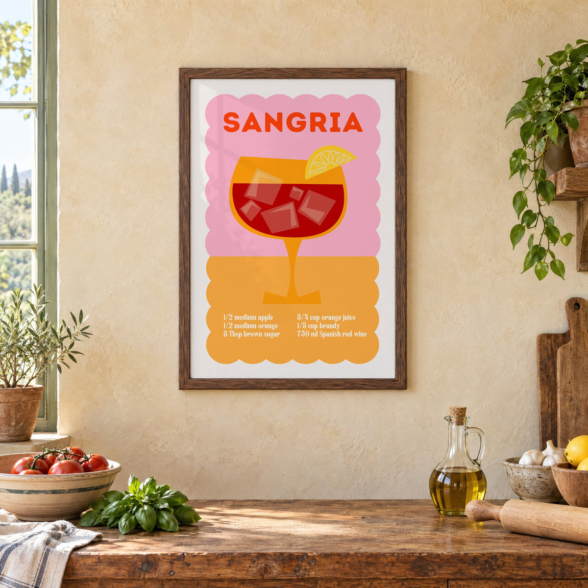 Sangria recipe pink and orange print in a walnut frame above a rustic Italian kitchen table with tomatoes