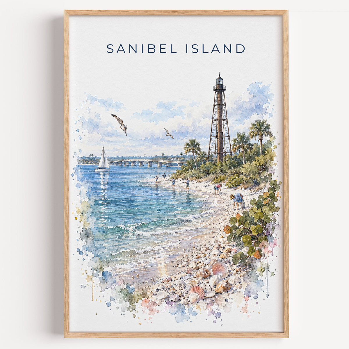 Sanibel Island watercolor print in a light oak frame on a plain white wall