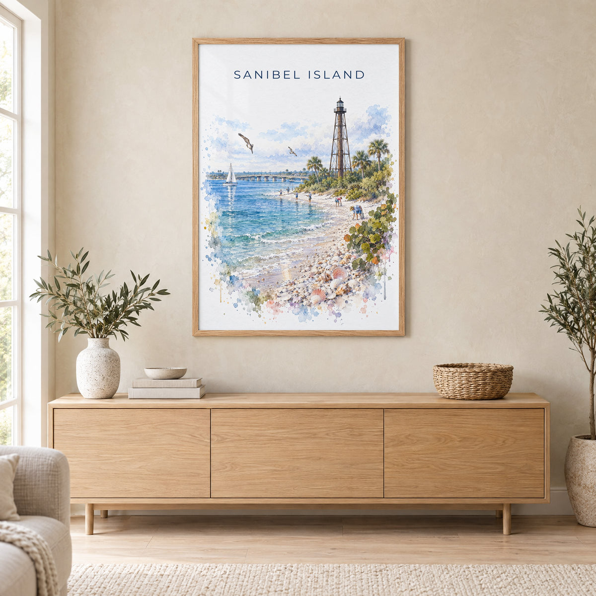 Sanibel Island watercolor print in an oak frame above a light wood sideboard in a Scandinavian living room