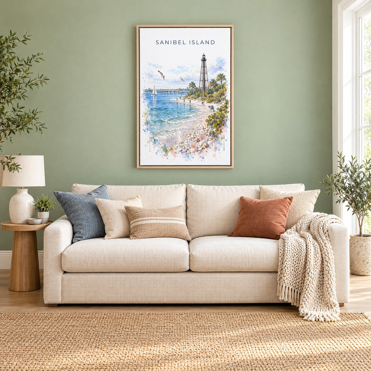Sanibel Island watercolor print as a natural floater canvas above a cream linen sofa on a sage green wall