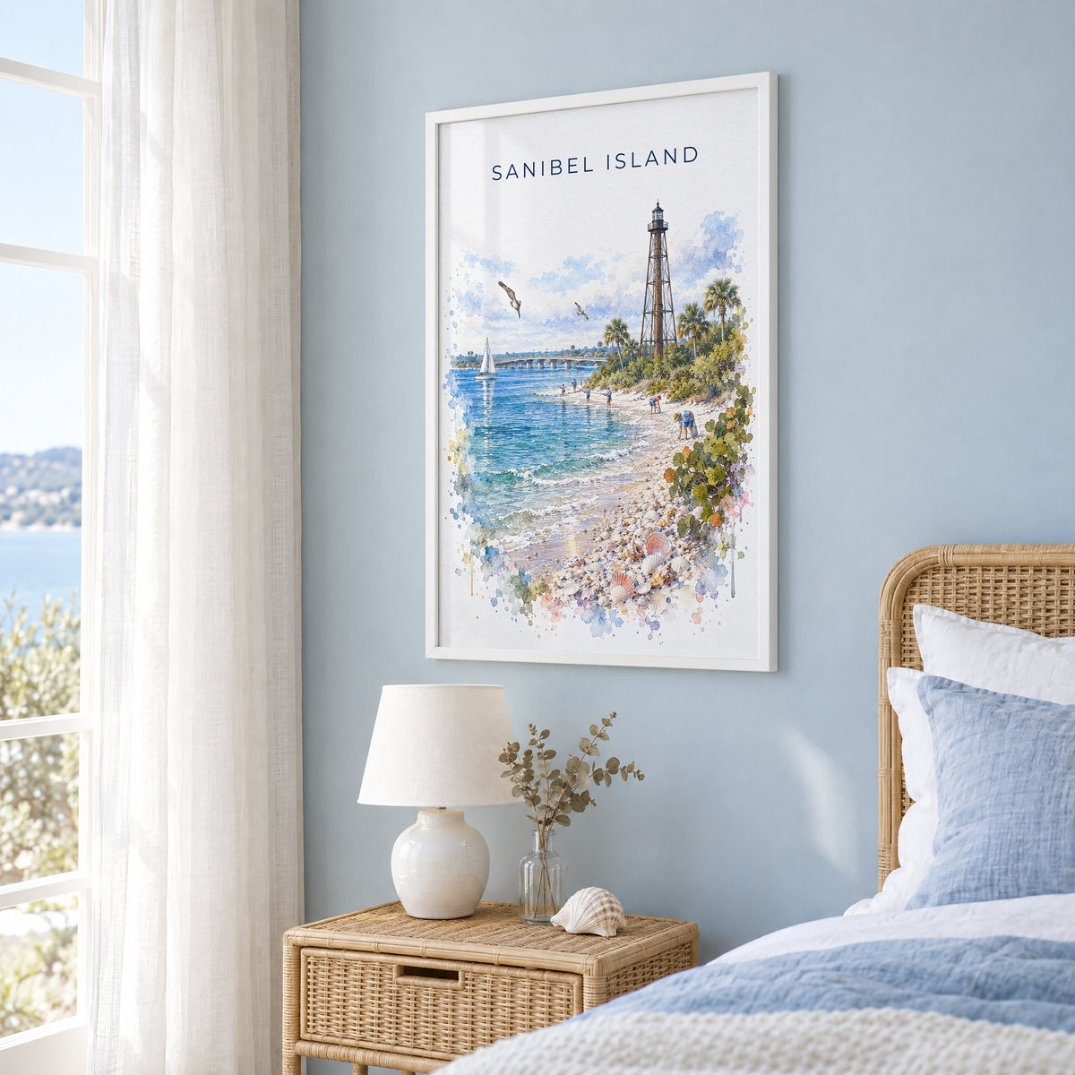 Sanibel Island watercolor print in a white frame on a pale blue wall beside a rattan bed in a coastal bedroom