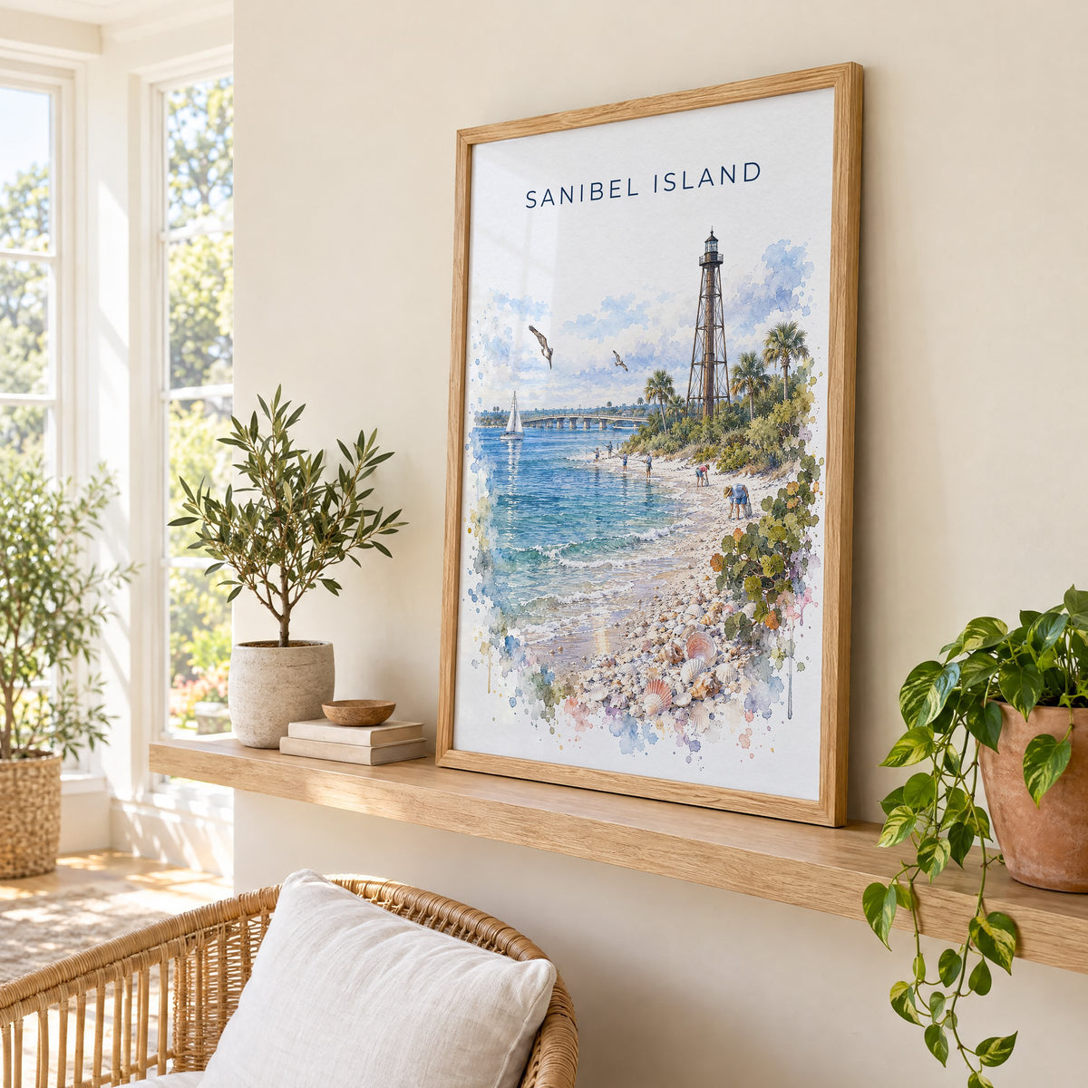 Sanibel Island watercolor print in an oak frame on a picture ledge in a sunlit sunroom