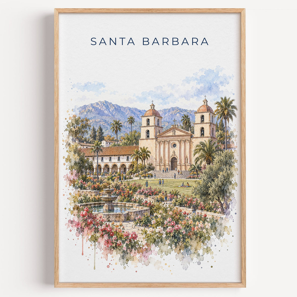 Santa Barbara watercolor print in a light oak frame on a plain white wall