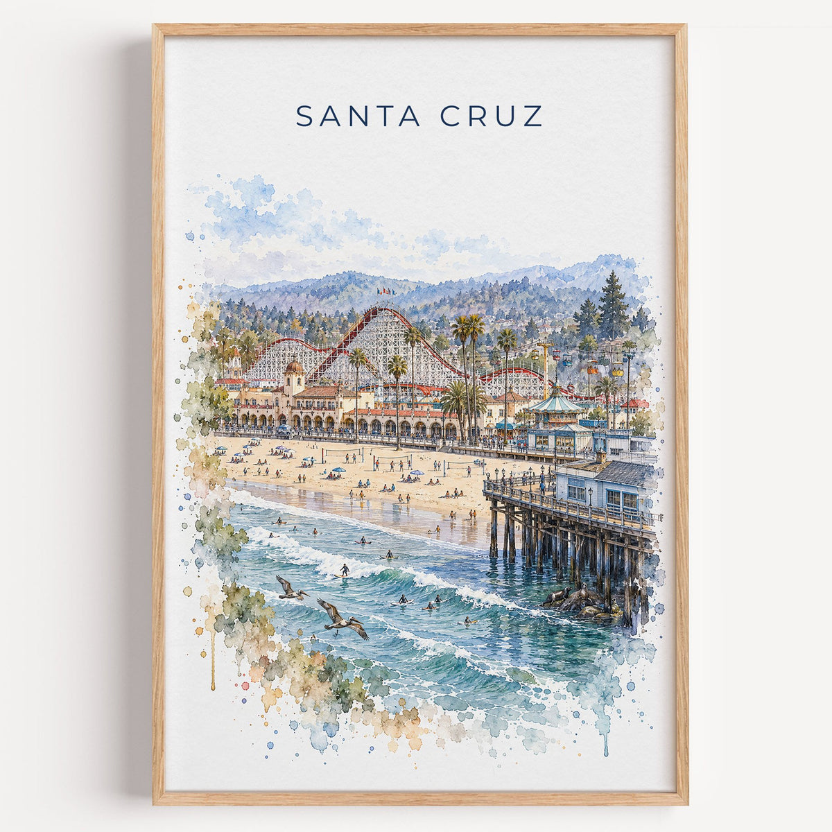 Santa Cruz, California watercolor print in a light oak frame on a plain white wall