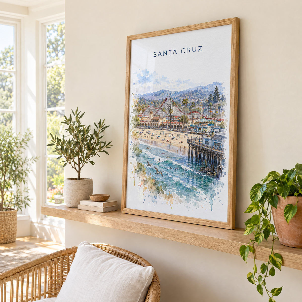 Santa Cruz, California watercolor print in an oak frame on a picture ledge in a sunlit sunroom