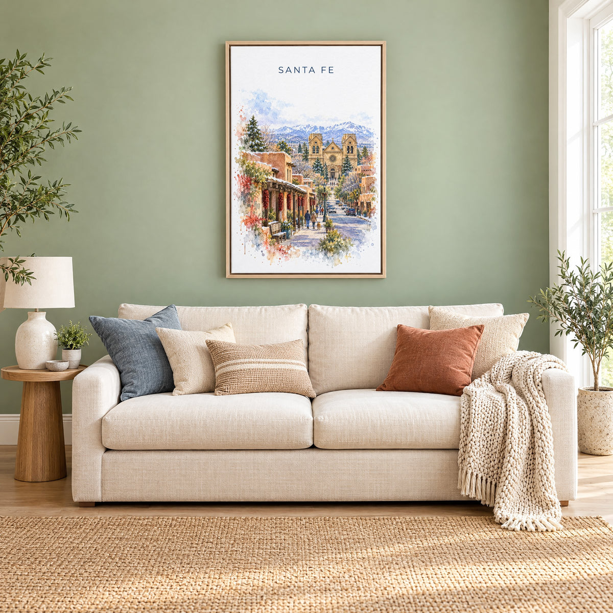 Santa Fe watercolor print as a natural floater canvas above a cream linen sofa on a sage green wall