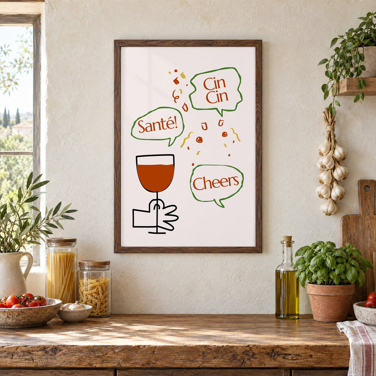 Cin Cin Santé Cheers speech bubbles wine print in a walnut frame above a rustic Italian pantry counter with pasta jars, garlic and tomatoes