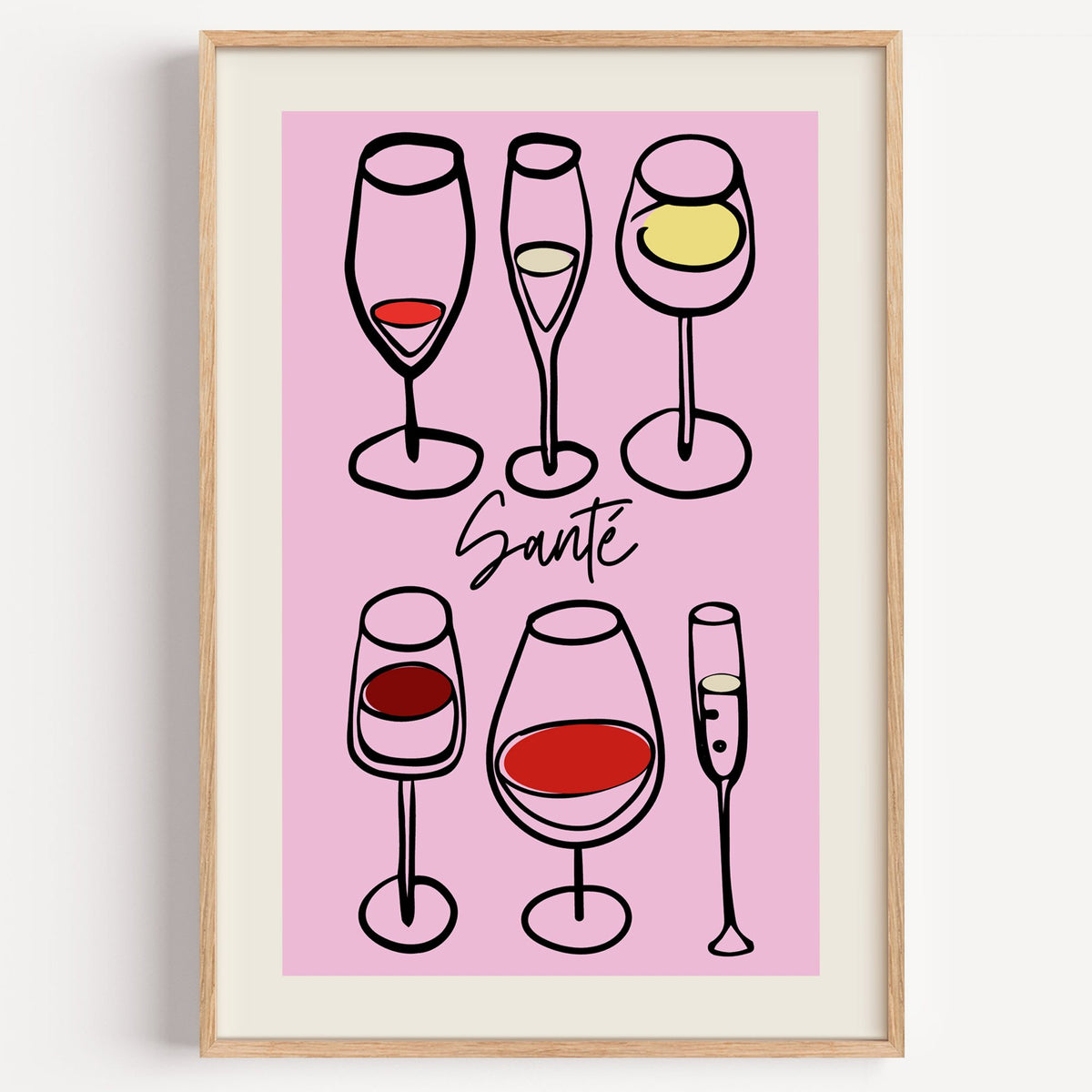 Santé wine glasses line art print in a light oak frame on a plain white wall