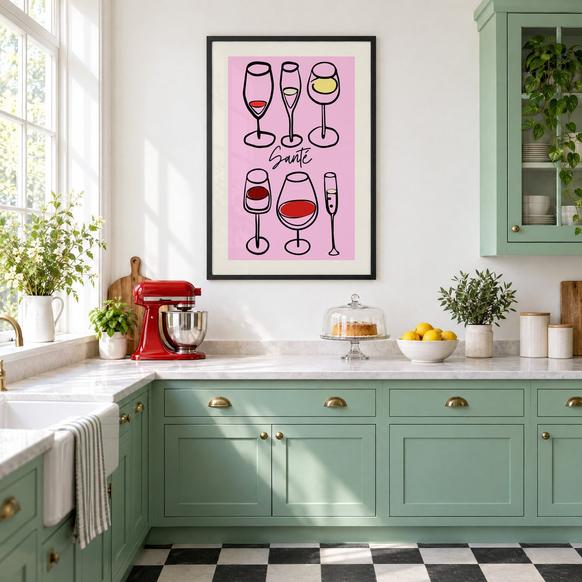 Santé wine glasses line art print in a black frame in a mint green retro kitchen above a red stand mixer