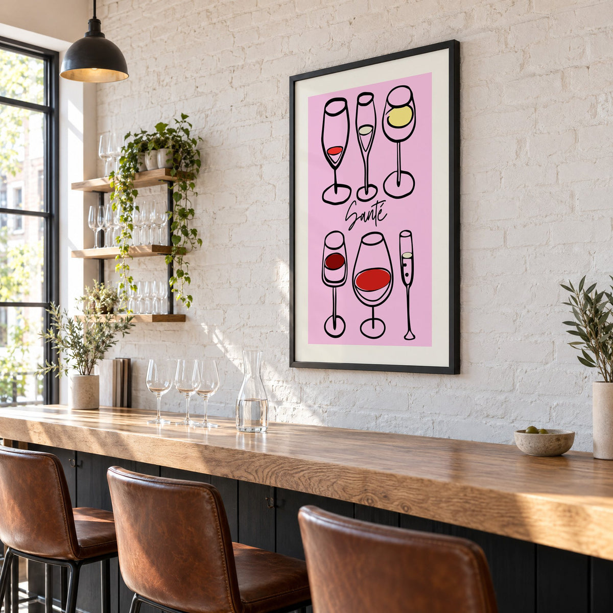 Santé wine glasses line art print in a black frame on a white brick wall above a wine bar counter