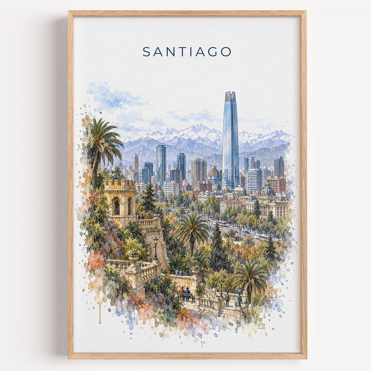 Santiago, Chile watercolor print in a light oak frame on a plain white wall