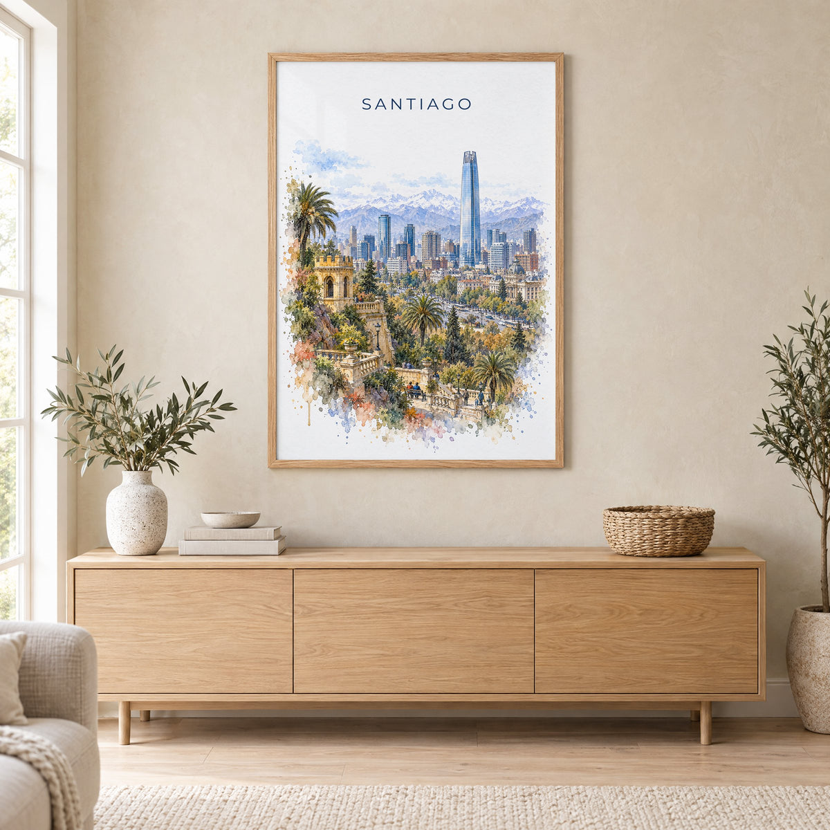 Santiago, Chile watercolor print in an oak frame above a light wood sideboard in a Scandinavian living room