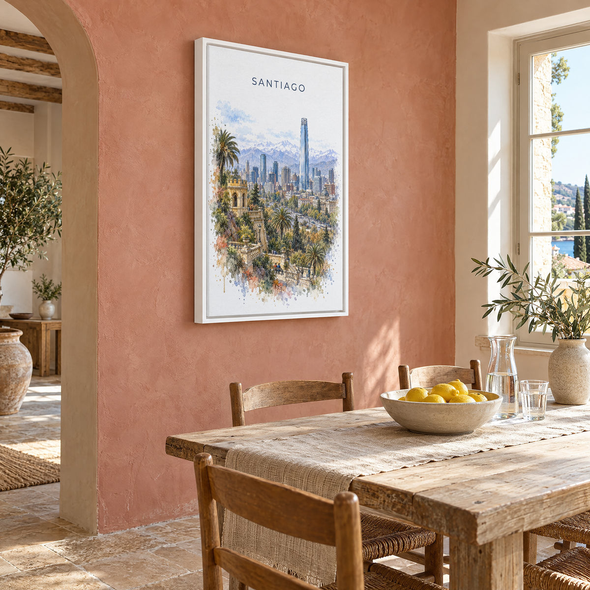 Santiago, Chile watercolor print as a white floater canvas on a terracotta wall above a rustic dining table