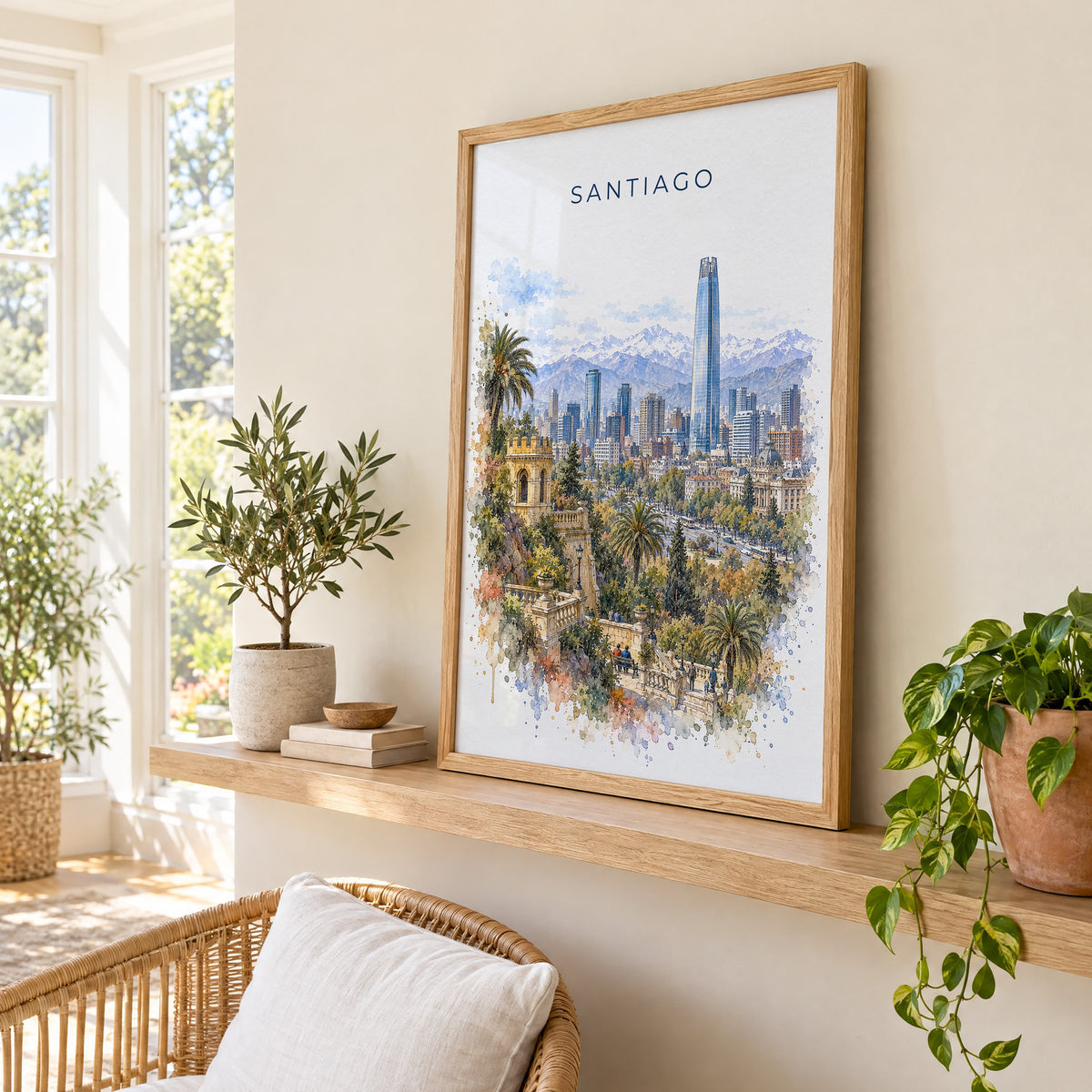 Santiago, Chile watercolor print in an oak frame on a picture ledge in a sunlit sunroom