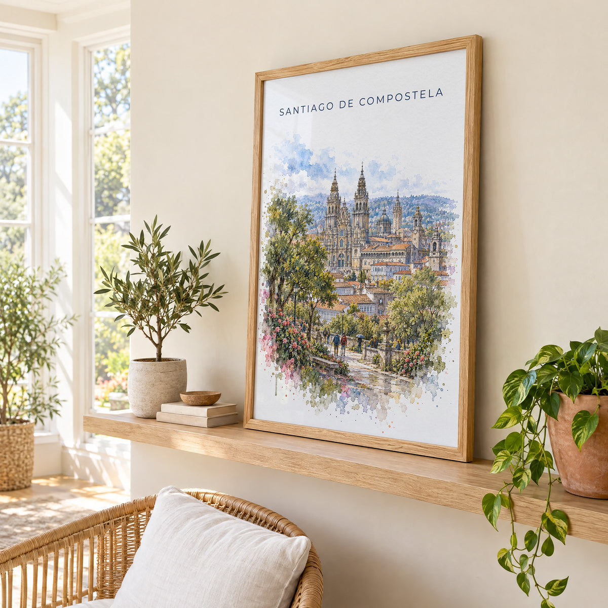 Santiago de Compostela watercolor print in an oak frame on a picture ledge in a sunlit sunroom