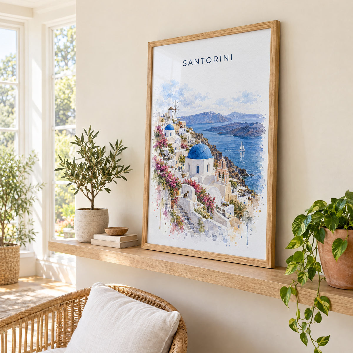 Santorini watercolor print in an oak frame on a picture ledge in a sunlit sunroom