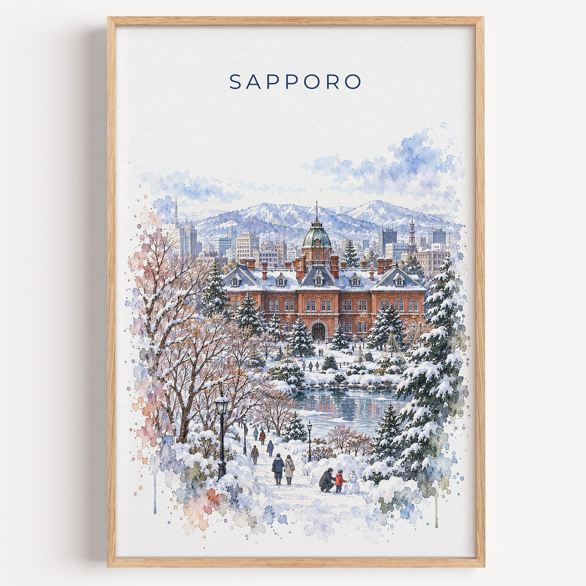 Sapporo watercolor print in a light oak frame on a plain white wall