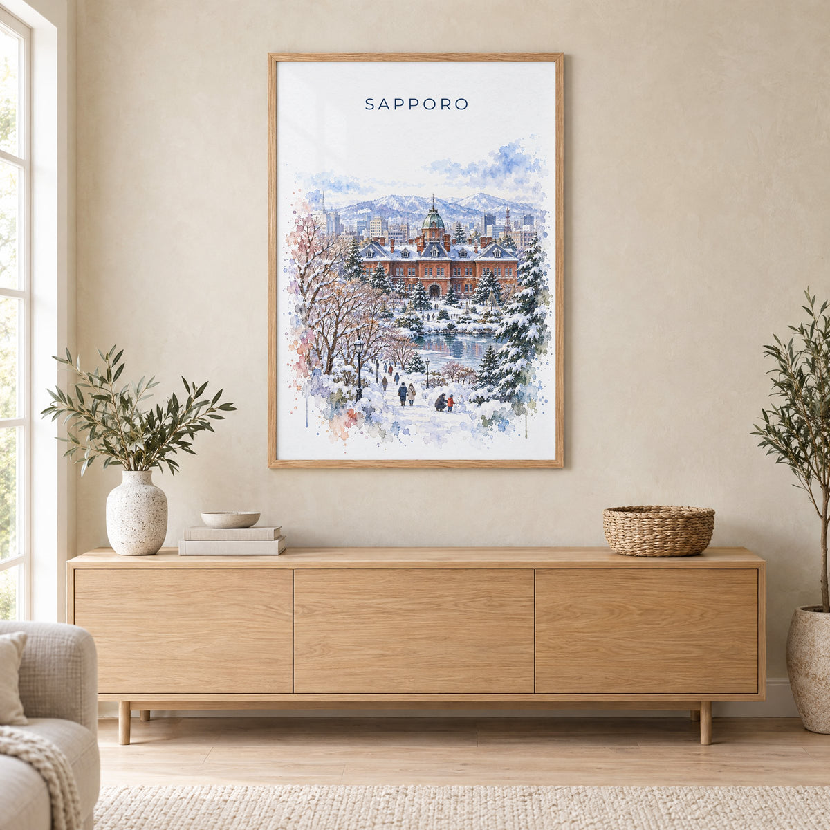 Sapporo watercolor print in an oak frame above a light wood sideboard in a Scandinavian living room