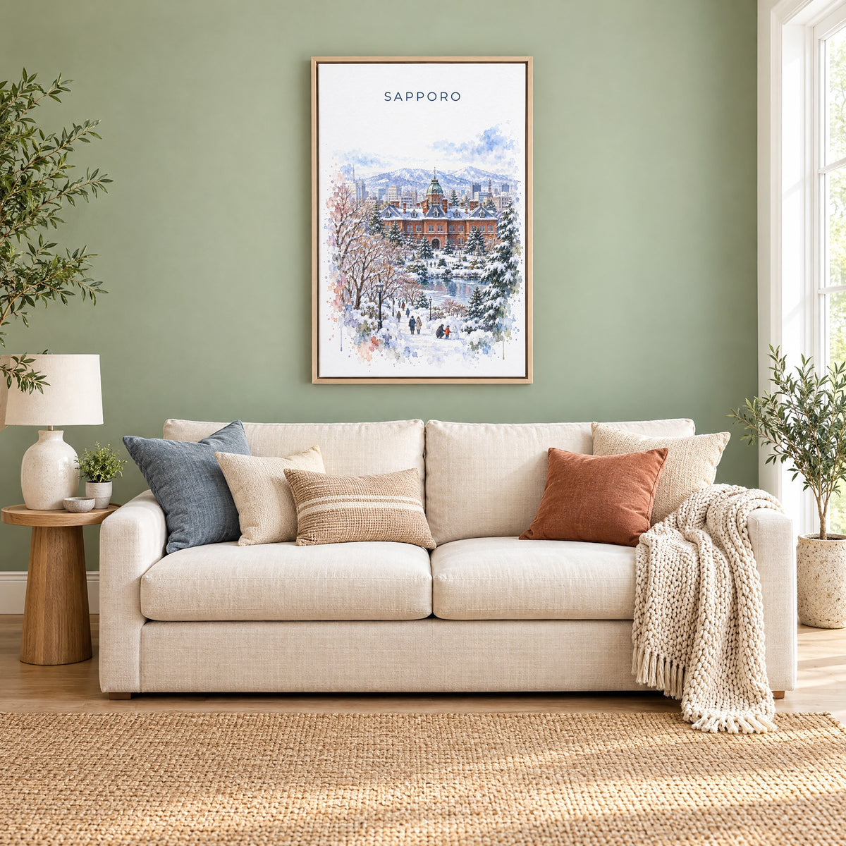 Sapporo watercolor print as a natural floater canvas above a cream linen sofa on a sage green wall