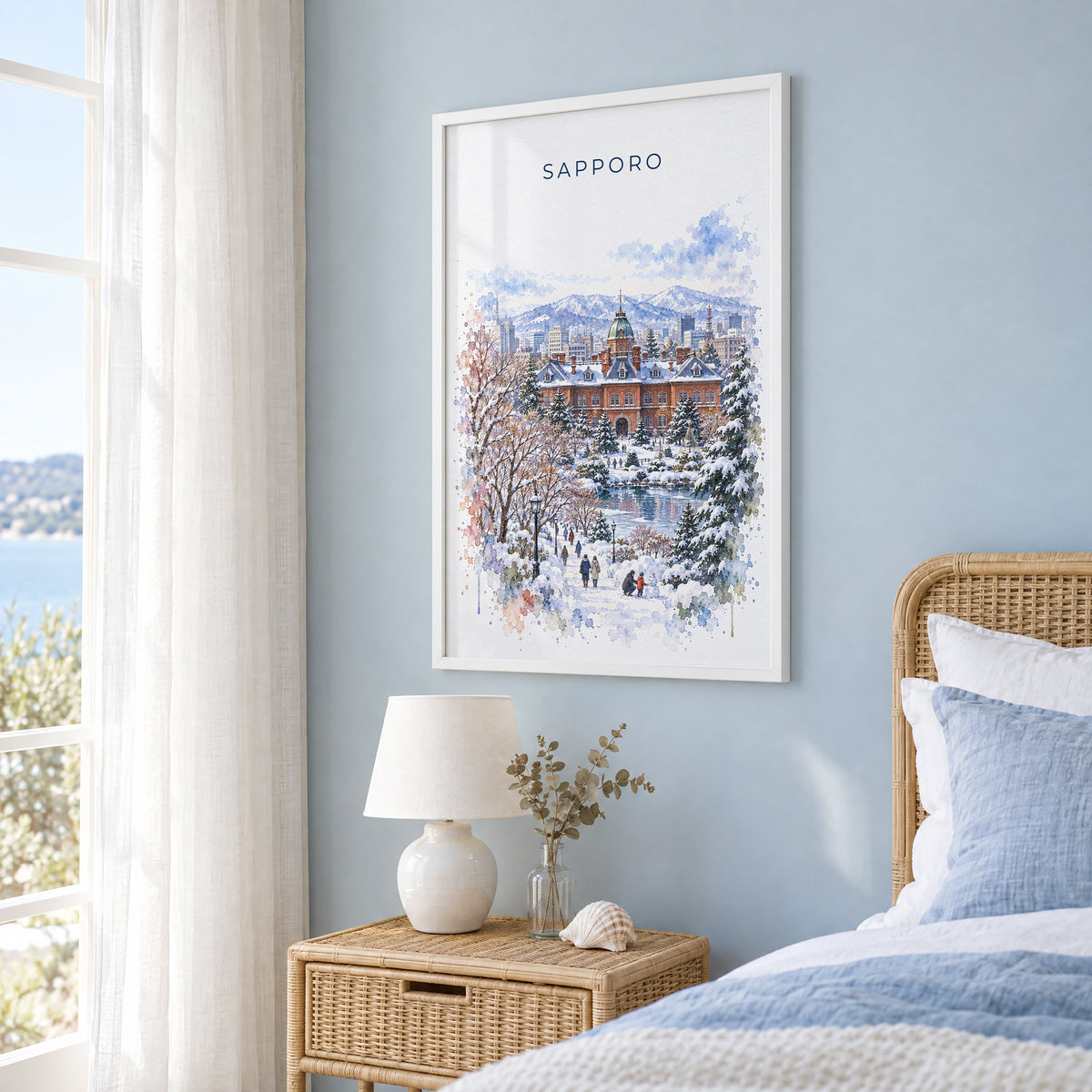 Sapporo watercolor print in a white frame on a pale blue wall beside a rattan bed in a coastal bedroom
