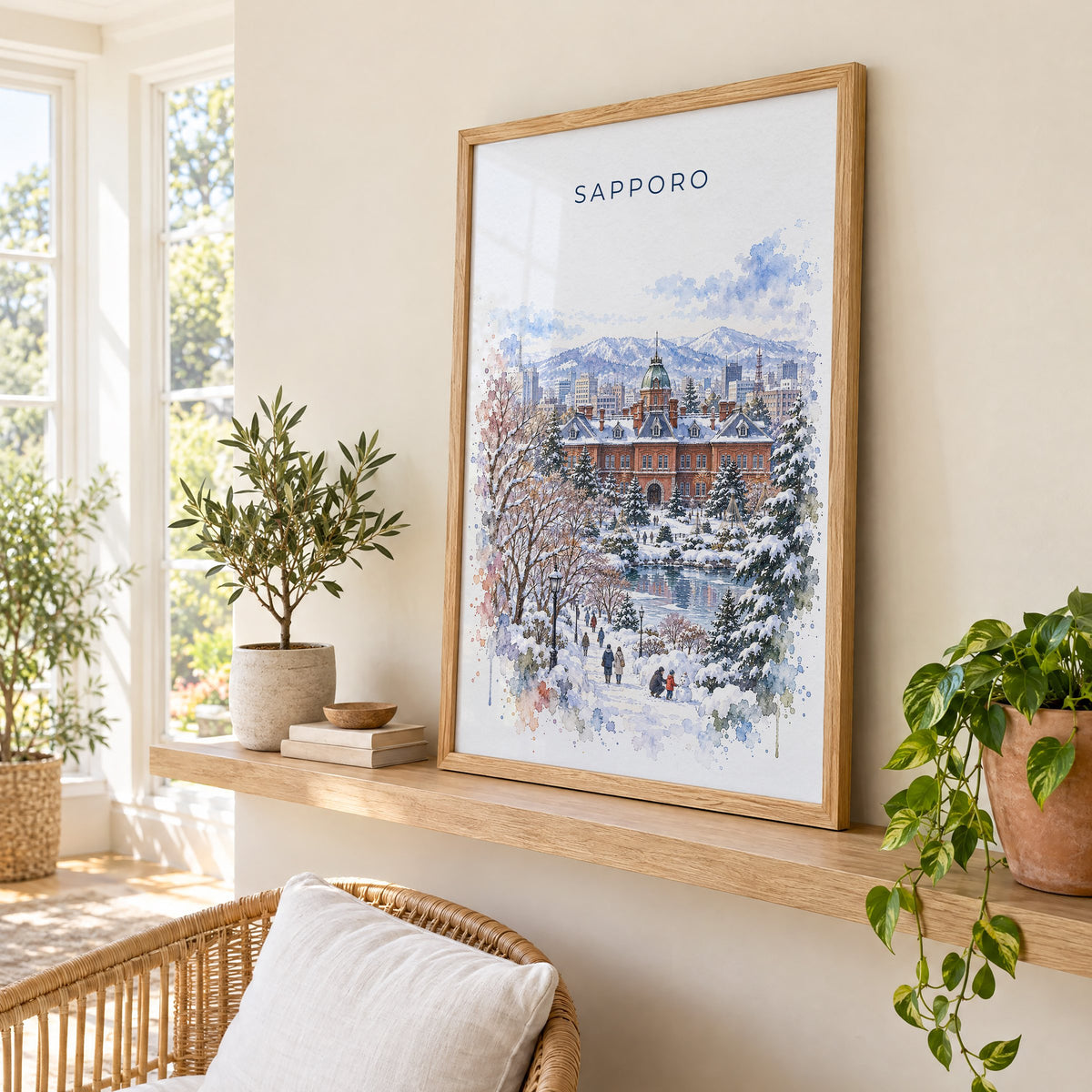 Sapporo watercolor print in an oak frame on a picture ledge in a sunlit sunroom