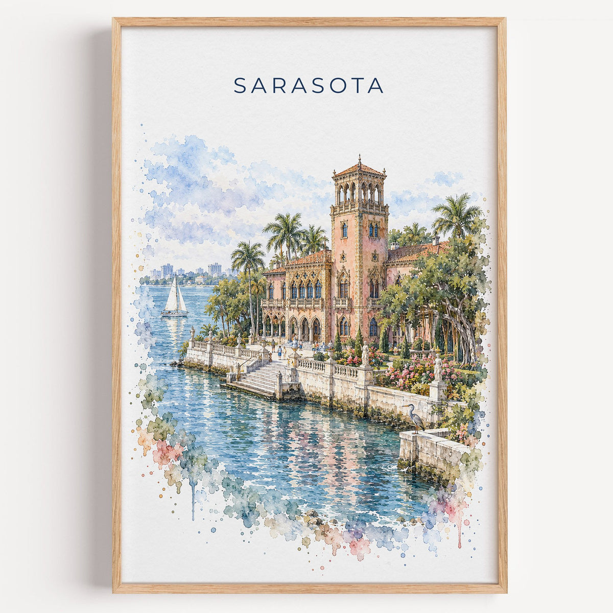 Sarasota watercolor print in a light oak frame on a plain white wall
