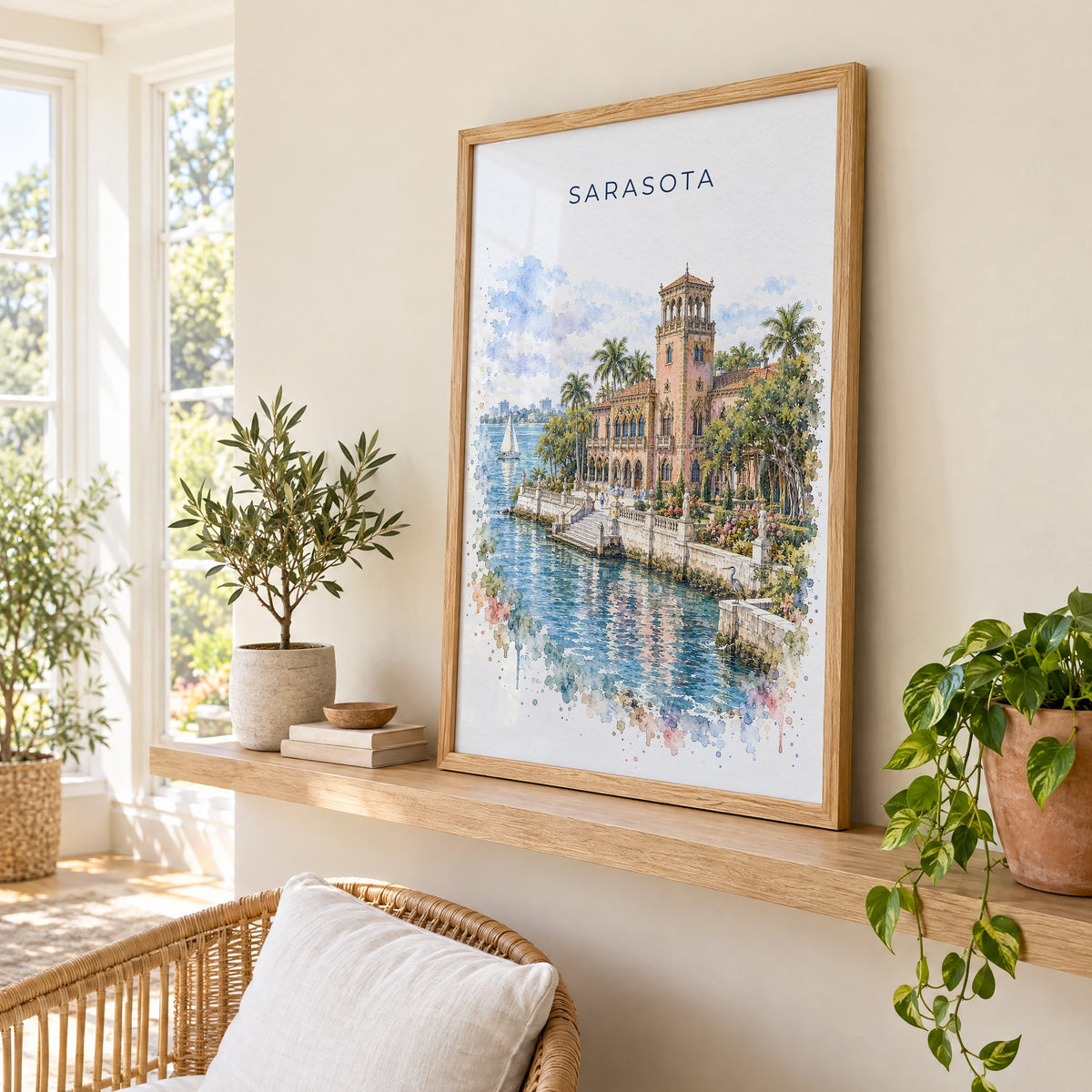 Sarasota watercolor print in an oak frame on a picture ledge in a sunlit sunroom