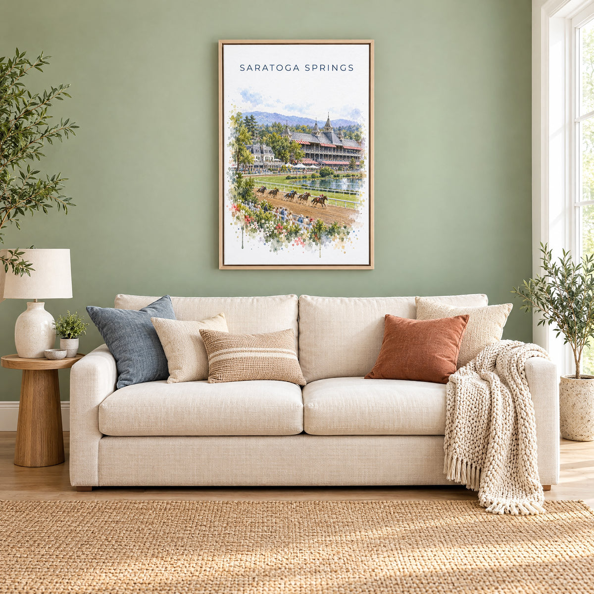 Saratoga Springs watercolor print as a natural floater canvas above a cream linen sofa on a sage green wall