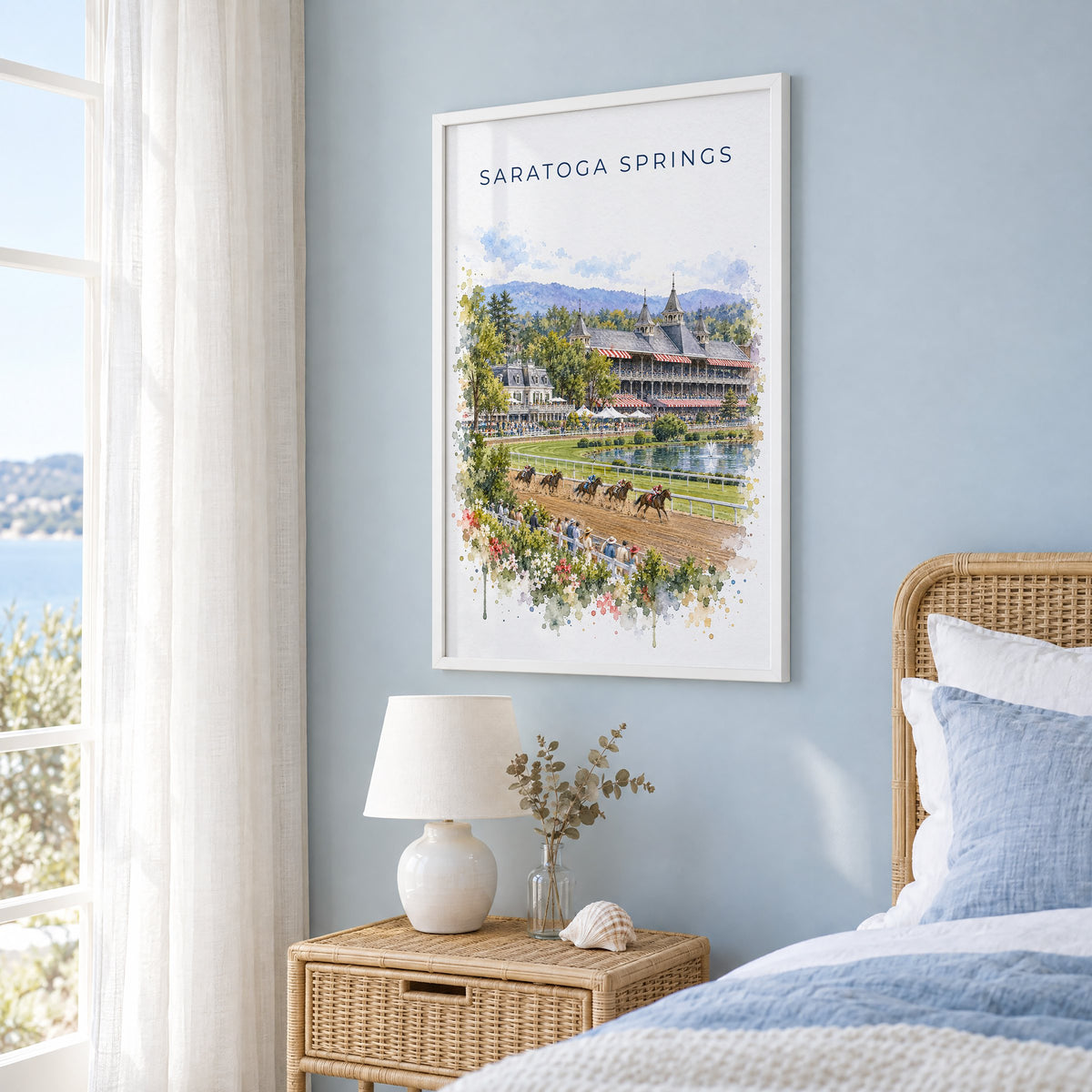 Saratoga Springs watercolor print in a white frame on a pale blue wall beside a rattan bed in a coastal bedroom