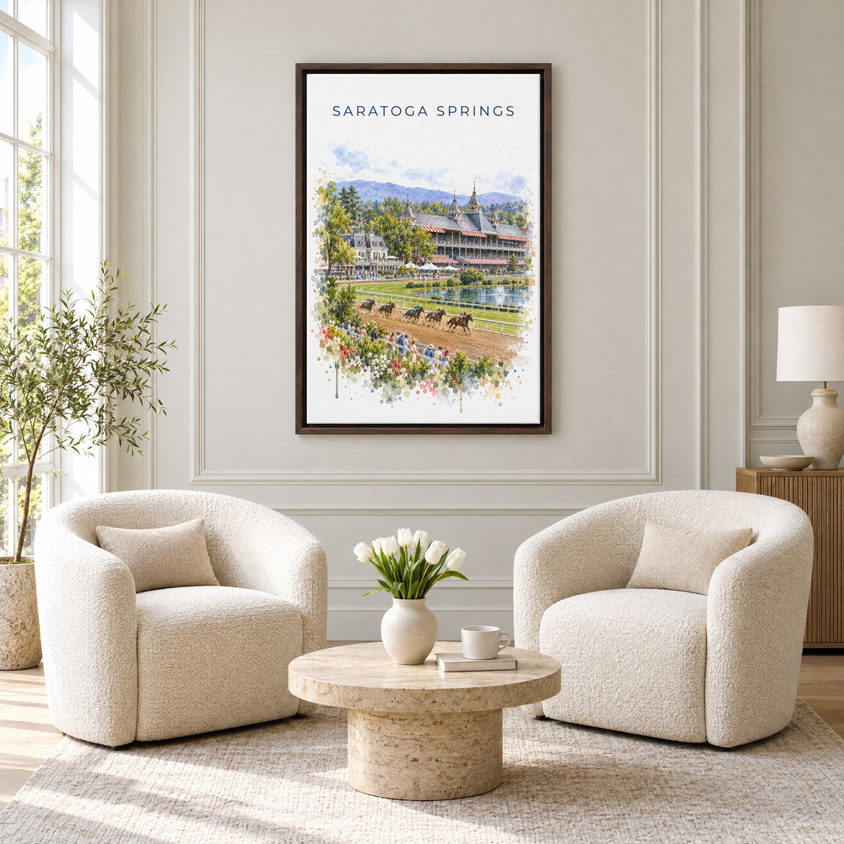 Saratoga Springs watercolor print as an espresso floater canvas above two boucle armchairs in a hotel lounge