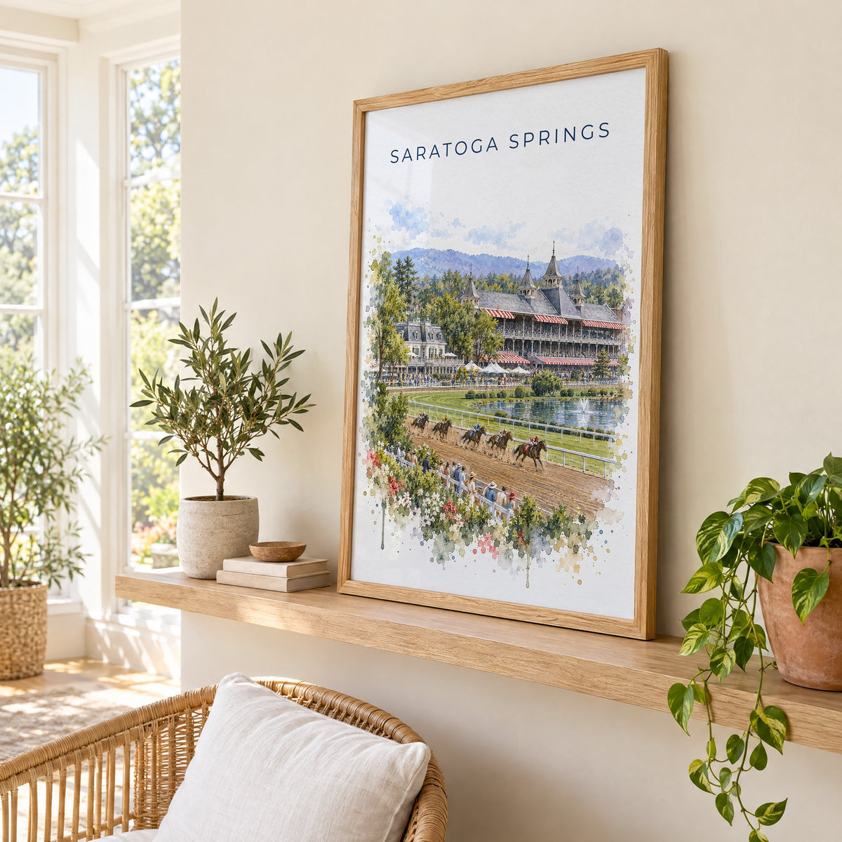 Saratoga Springs watercolor print in an oak frame on a picture ledge in a sunlit sunroom