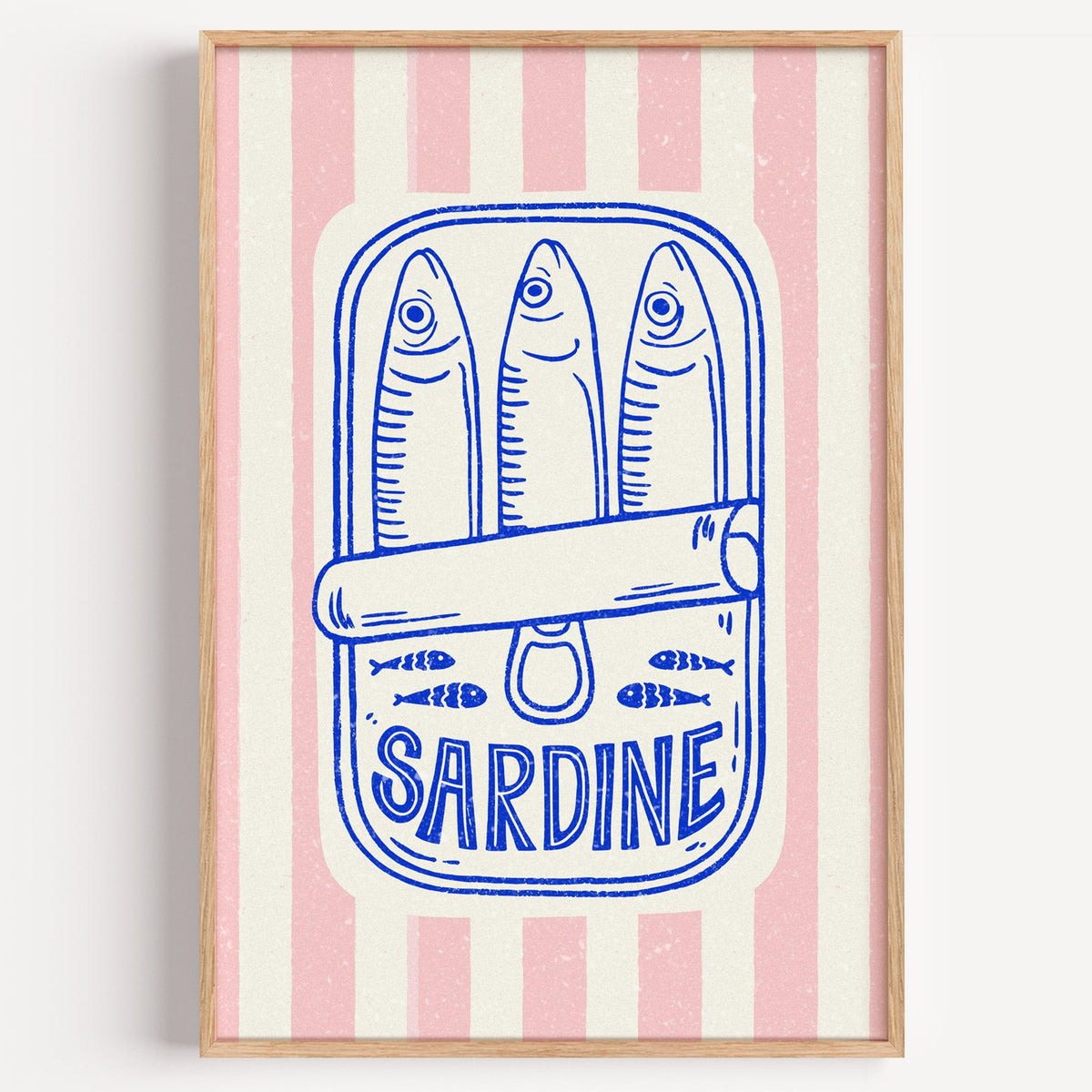 Sardine tin pale stripe print in a light oak frame on a plain white wall