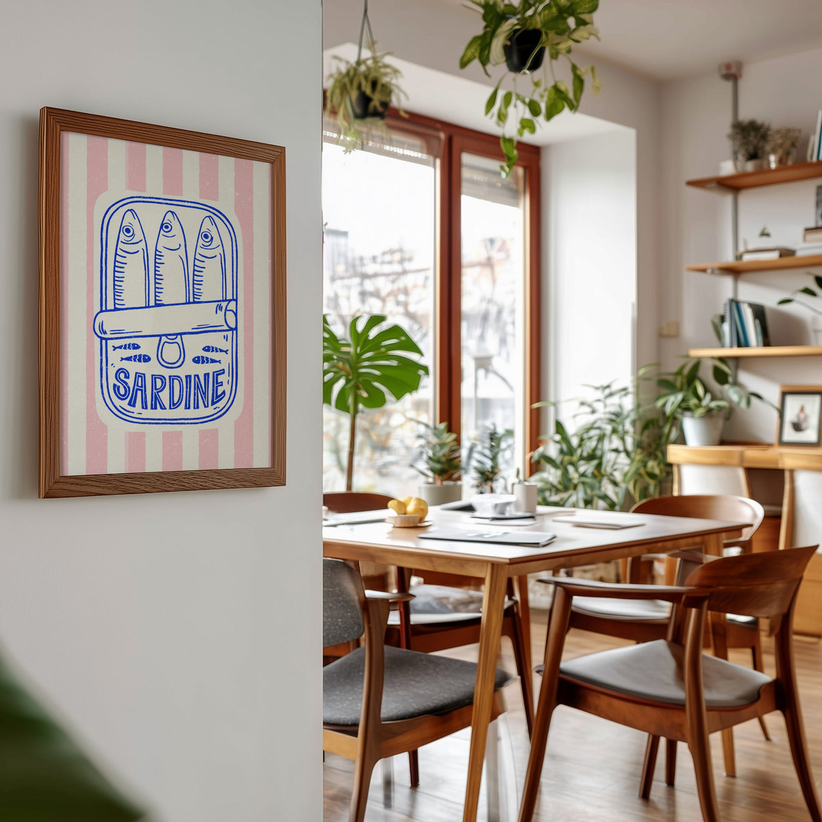 Sardine tin print in a walnut frame beside a mid-century dining table