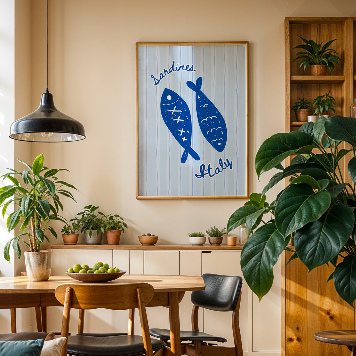 Sardines Italy print in an oak frame in a dining room above a plant-lined sideboard