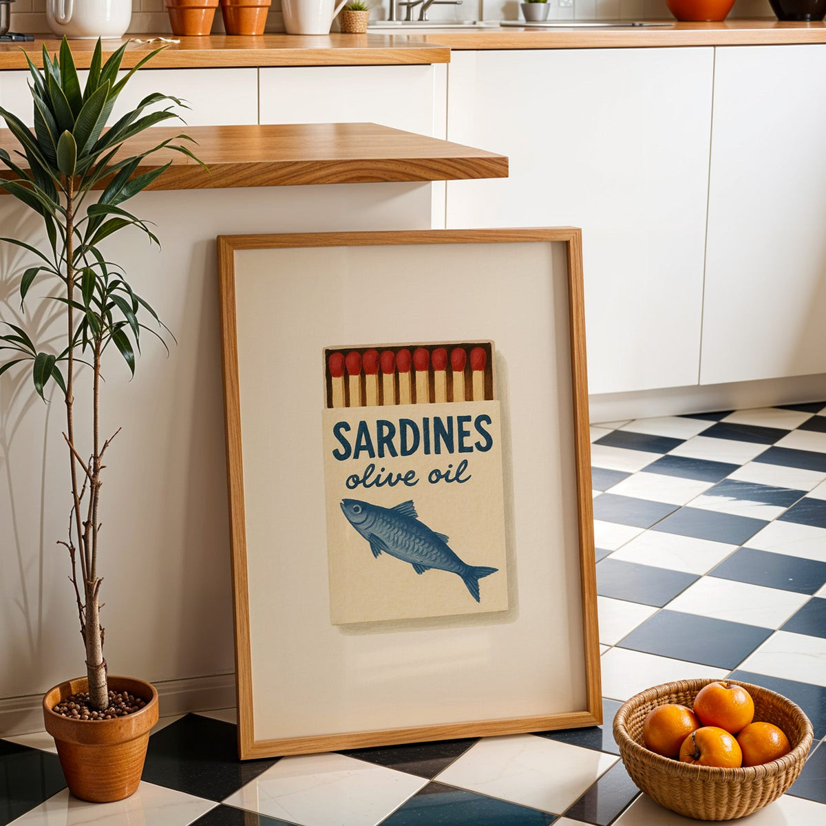 Sardines olive oil matchbox print in an oak frame by a kitchen island and tiled floor