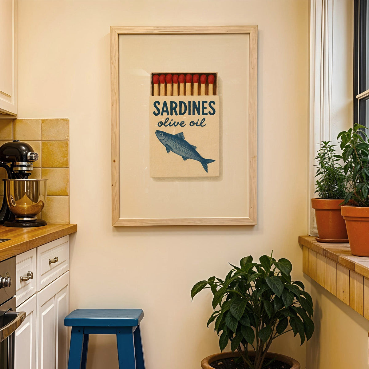 Sardines olive oil matchbox print in a wood frame on a yellow tiled kitchen wall