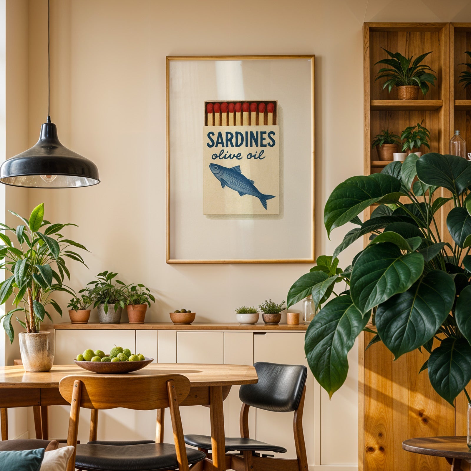 Sardines olive oil matchbox print in an oak frame above a sideboard in a dining room