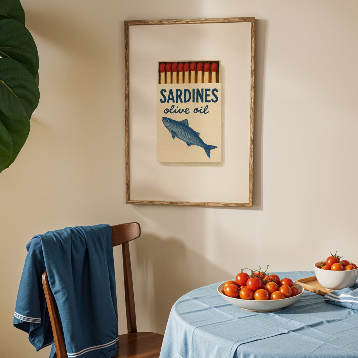 Sardines olive oil matchbox print in an oak frame above a blue linen table with tomatoes
