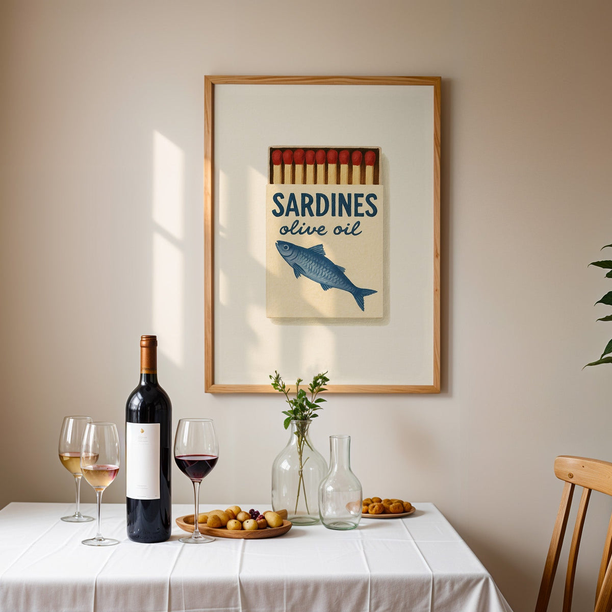 Sardines olive oil matchbox print in an oak frame above a table laid with red wine