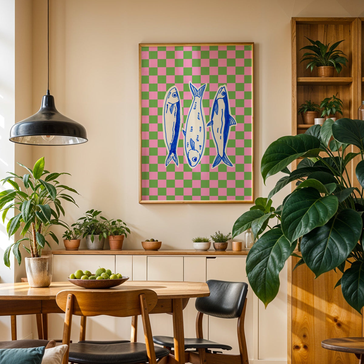 Sardines checkerboard print in an oak frame in a dining room above a plant-lined sideboard