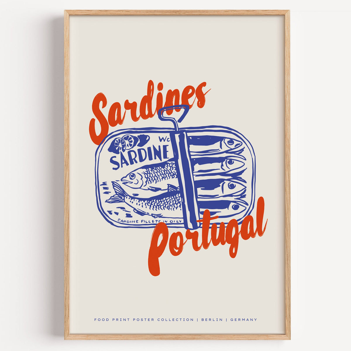 Sardines Portugal blue tin poster shown flat on a plain white background