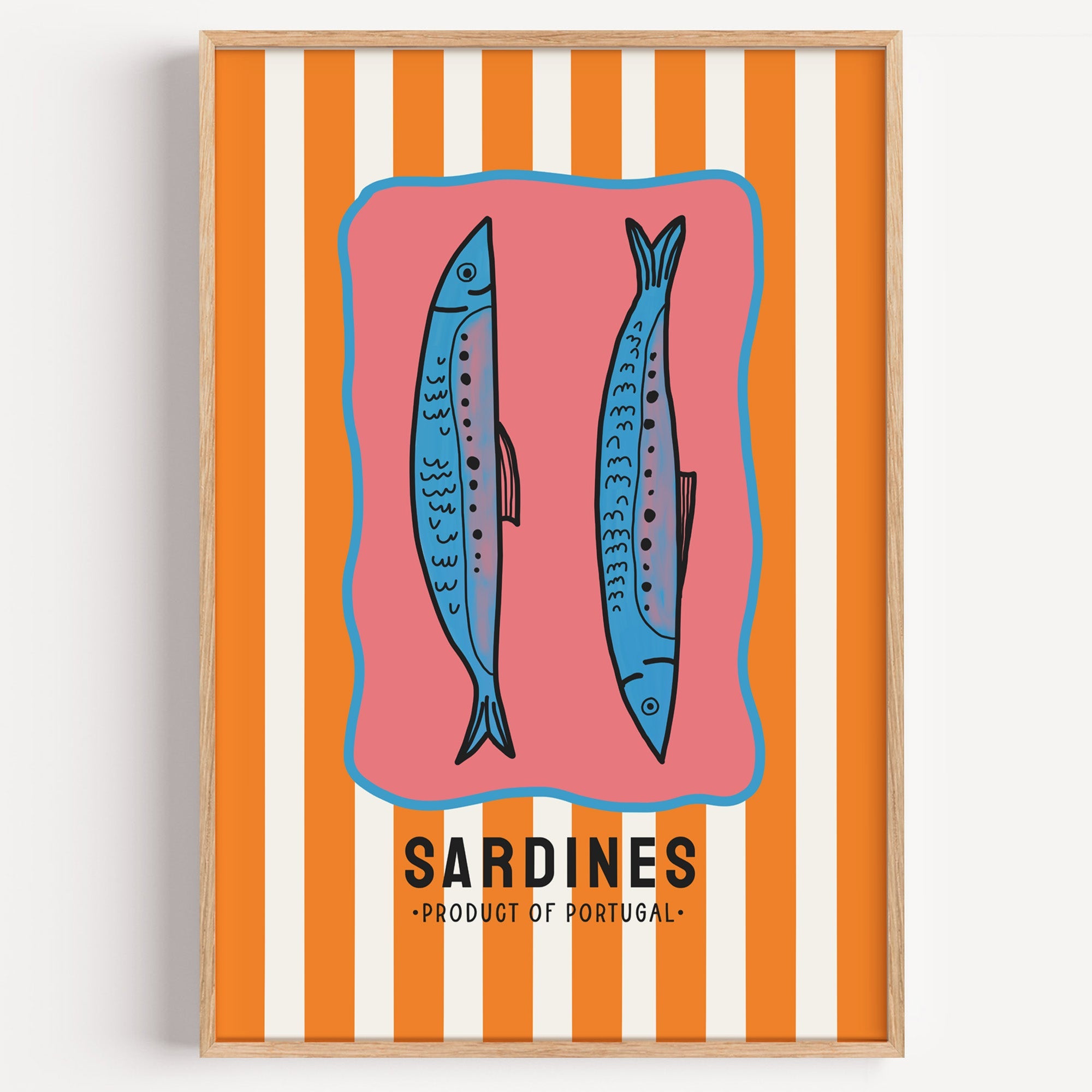 Sardines of Portugal print in a light oak frame on a plain white wall