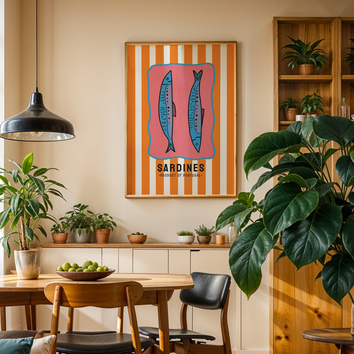 Sardines of Portugal print in an oak frame above a sideboard in a plant-filled dining room
