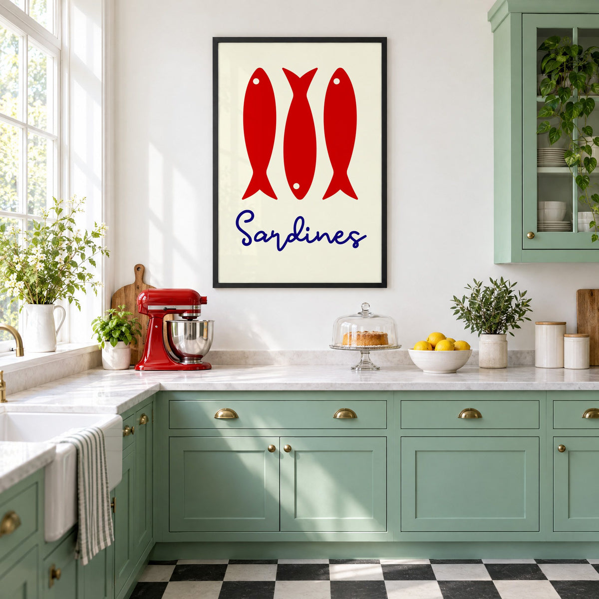 Three red sardines print in a black frame in a mint green retro kitchen above a red stand mixer