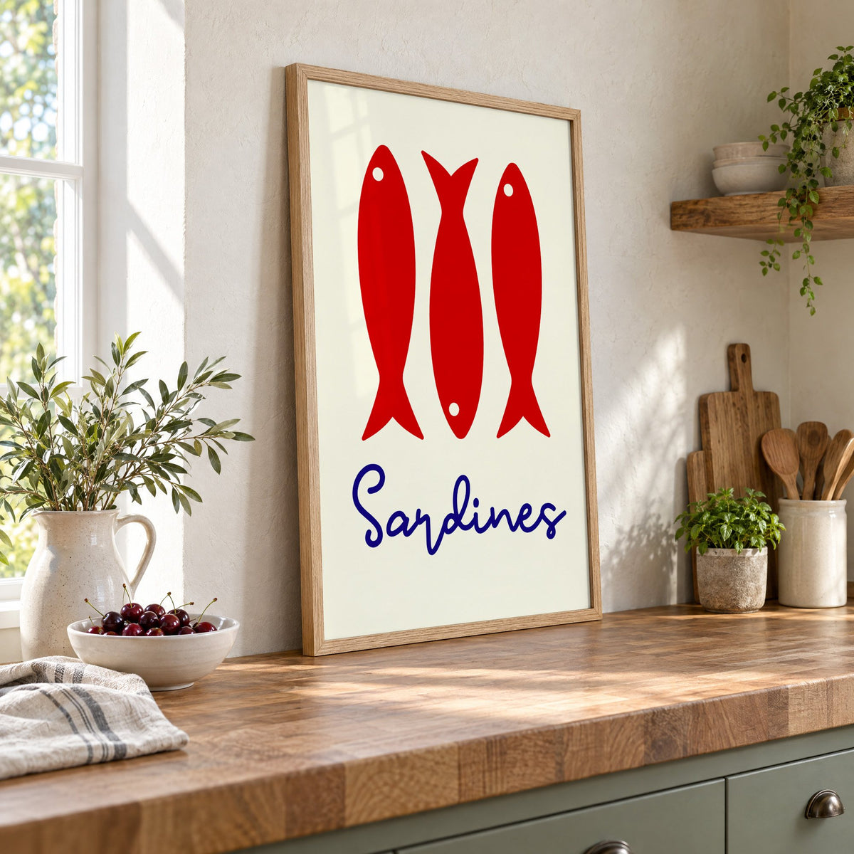 Three red sardines print in an oak frame leaning on a butcher block island beside a bowl of cherries
