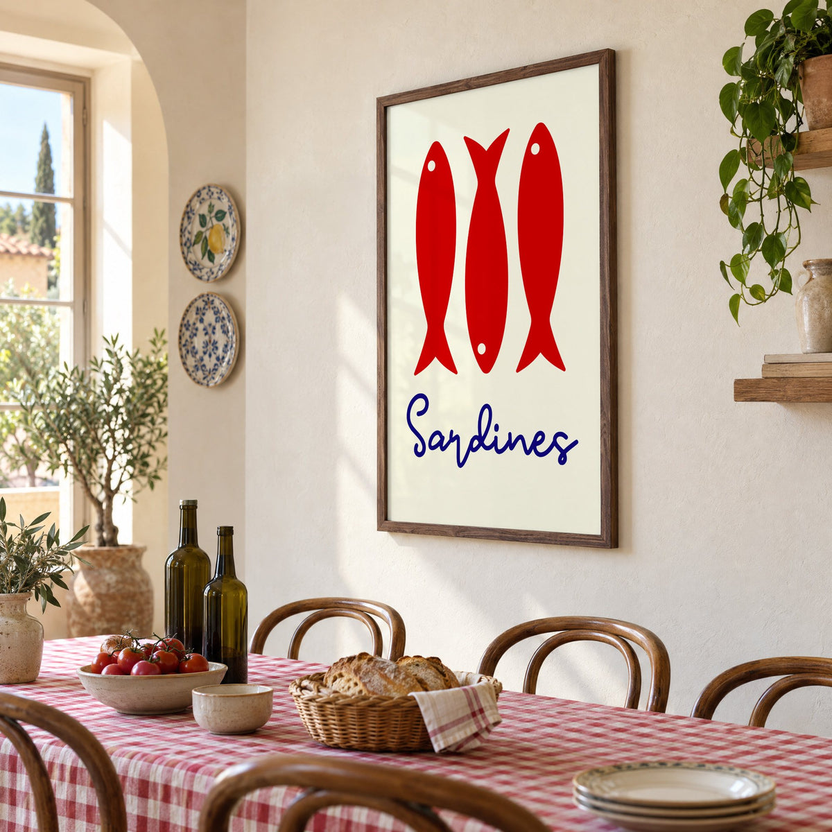 Three red sardines print in a walnut frame above a gingham-covered trattoria table, seen at an angle