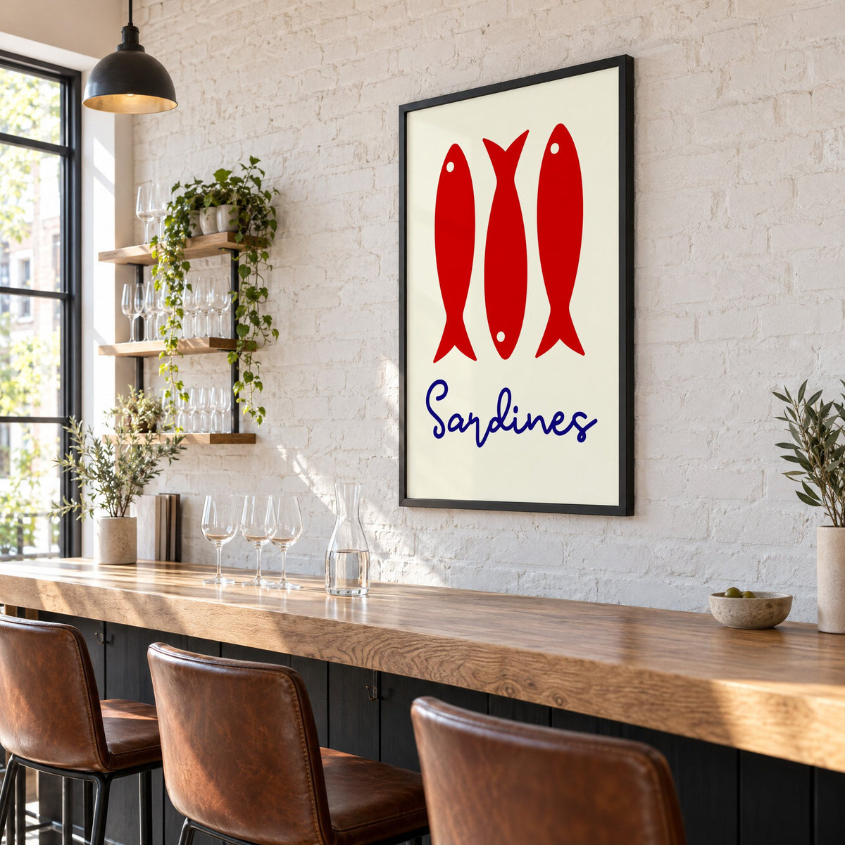Three red sardines print in a black frame on a white brick wall above a wine bar counter