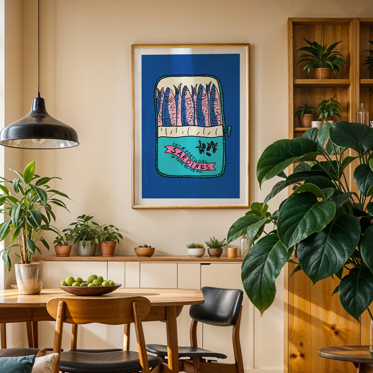 Blue sardine tin print in an oak frame above a sideboard in a plant-filled dining room