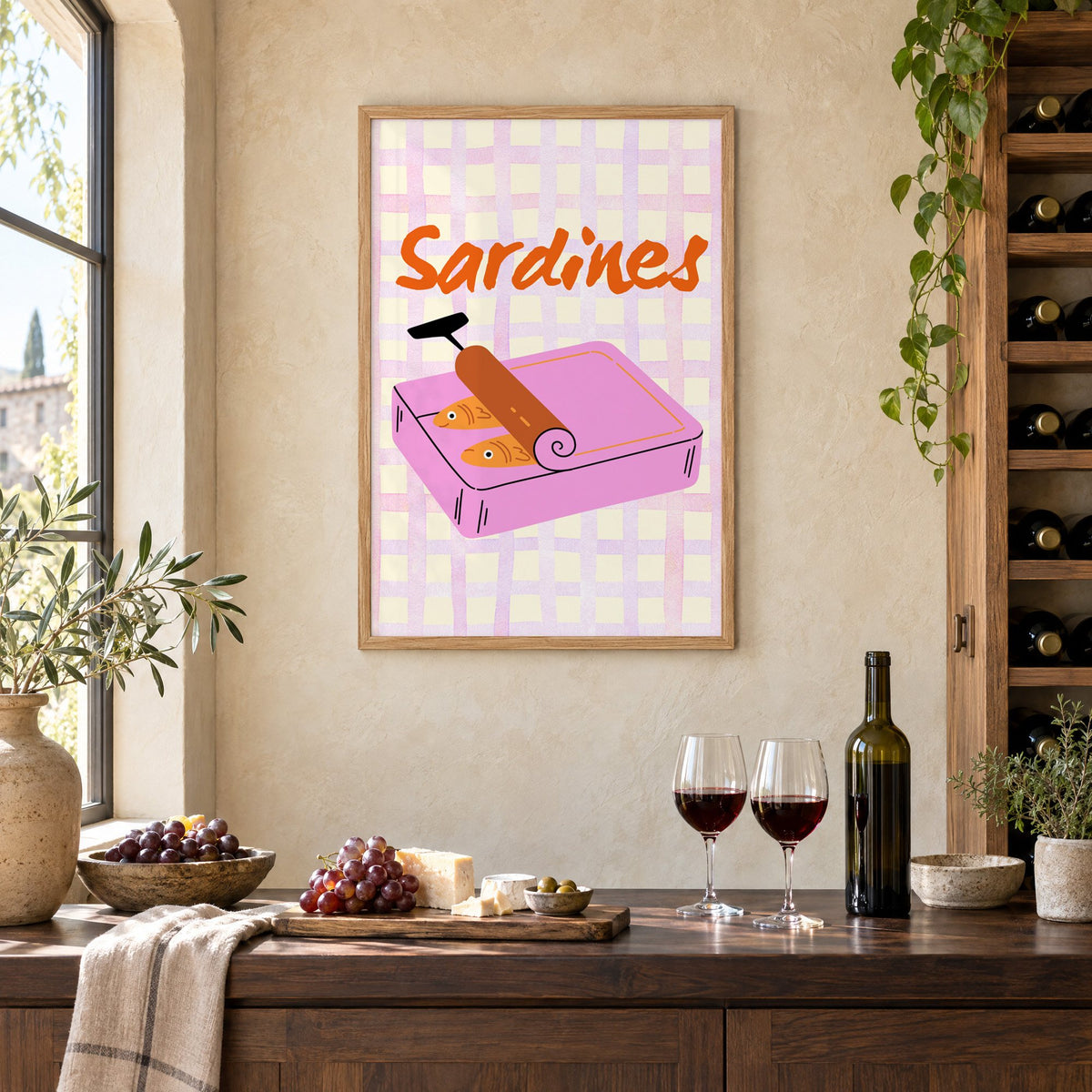Sardines pink tin on gingham print in an oak frame on a limewashed wall above a wine counter with red wine, cheese and grapes