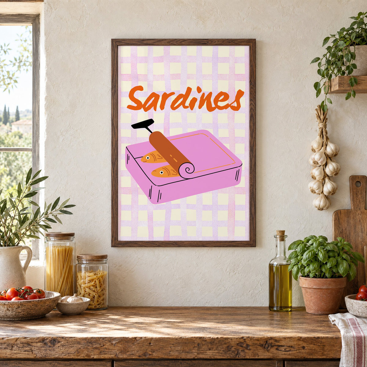 Sardines pink tin on gingham print in a walnut frame above a rustic Italian pantry counter with pasta jars, garlic and tomatoes